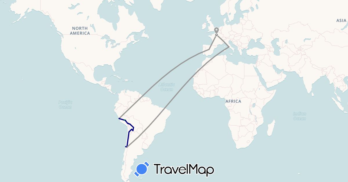 TravelMap itinerary: driving, bus, plane in Bolivia, Chile, Spain, France, Italy, Peru (Europe, South America)